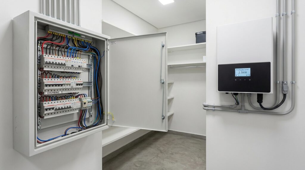 Instalação elétrica residencial segura com quadro de disjuntores adequado para chuveiro elétrico e sistema de energia solar.
