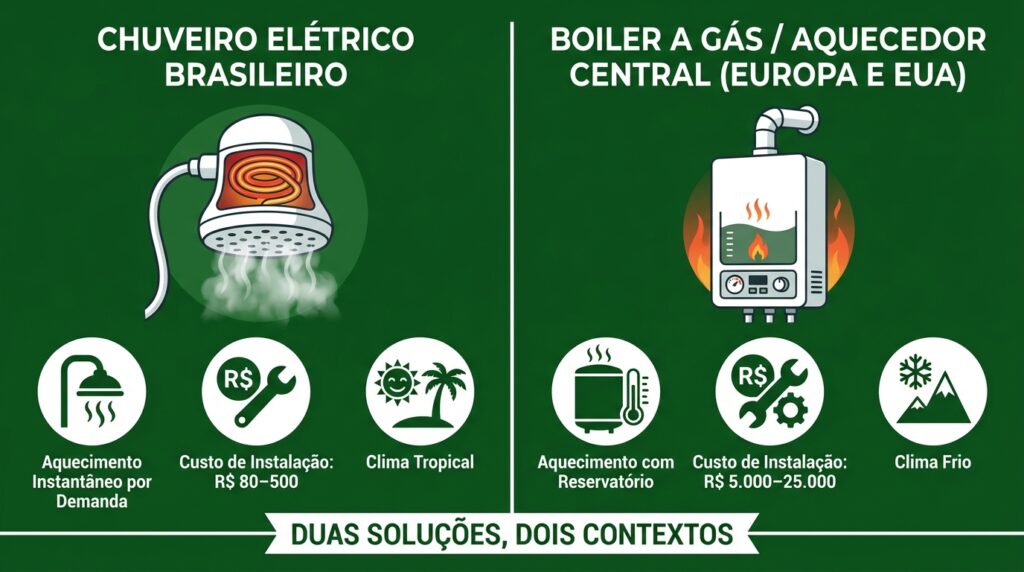 Infográfico comparando o chuveiro elétrico brasileiro com o boiler a gás utilizado no restante do mundo.
