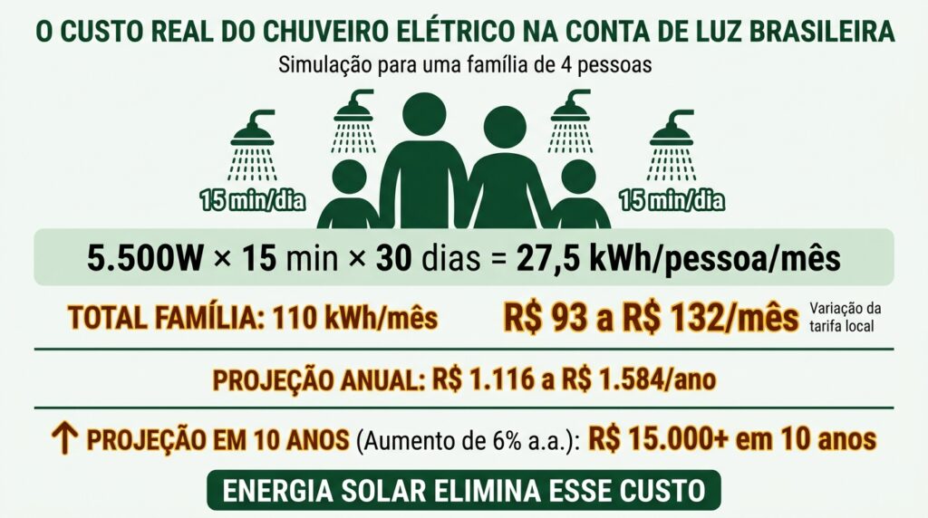 Infográfico mostrando quanto o chuveiro elétrico representa na conta de luz de uma família brasileira por mês e por ano.
