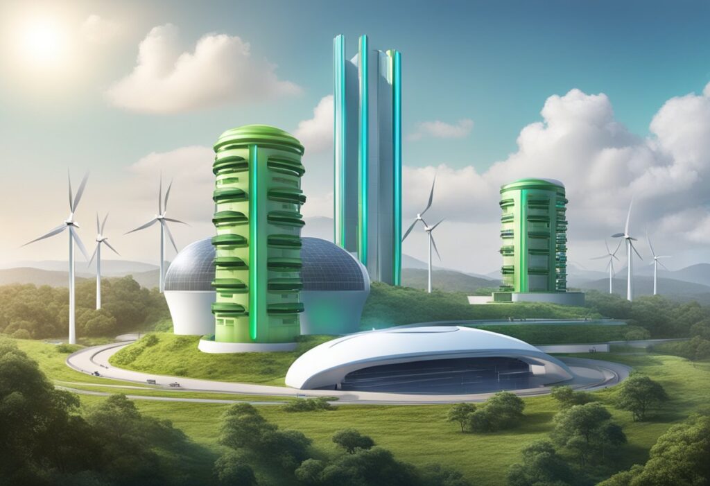 Uma planta de energia futurista com torres de baterias de nióbio, cercada por infraestrutura de energia limpa, simbolizando a transformação do mercado de energia limpa do Brasil.