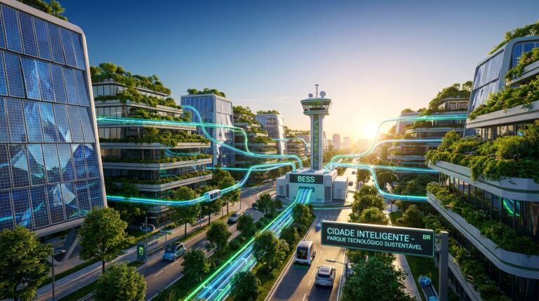 Uma paisagem urbana vibrante e futurista com painéis solares e turbinas eólicas dominando o horizonte, cercada por céus azuis claros e vegetação exuberante.