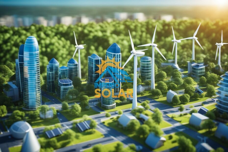 Uma paisagem urbana vibrante e futurista com painéis solares e turbinas eólicas dominando o horizonte, cercada por céus azuis claros e vegetação exuberante.