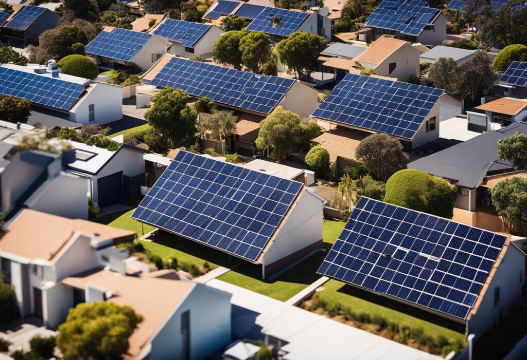 Um bairro ensolarado australiano com fileiras de casas e painéis solares nos telhados, com um sistema de bateria em grande escala ao fundo.