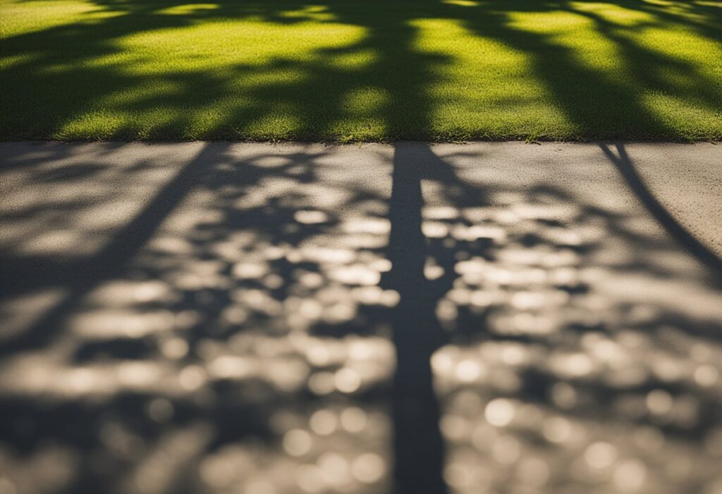 Um dia claro e ensolarado com uma grande área desobstruída apresentando uma variedade de objetos projetando sombras no chão.