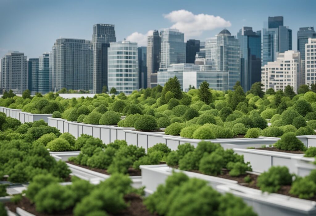 Um horizonte urbano com telhados verdes e árvores, mostrando a implementação de políticas ecológicas como o imposto sobre propriedades "verdes".