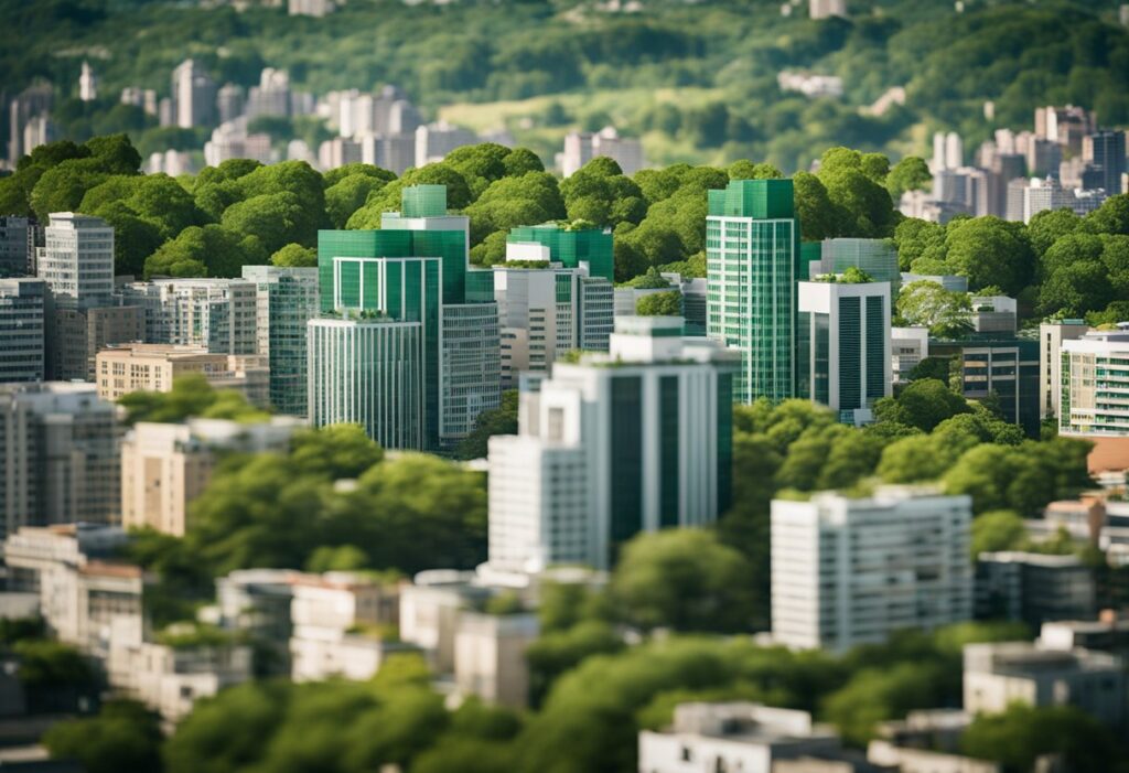 Um horizonte urbano com telhados verdes e árvores, mostrando a implementação do programa "IPTU Verde" em cidades ambientalmente conscientes.