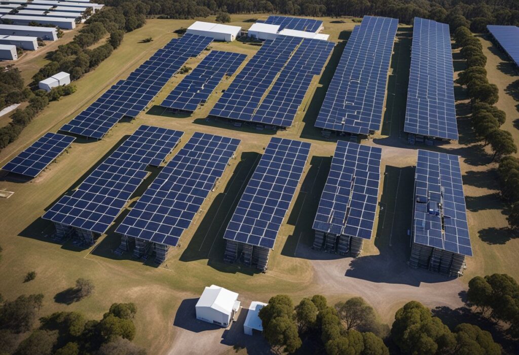 Uma instalação de bateria comunitária em grande escala na Austrália, com painéis solares nos telhados e um sistema de bateria de 5MW sendo gerenciado e mantido.