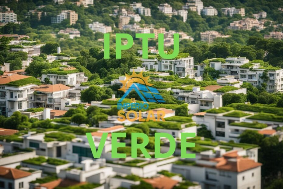 Uma paisagem urbana com telhados verdes e vegetação exuberante, mostrando a implementação do "IPTU Verde" em cidades ambientalmente conscientes.