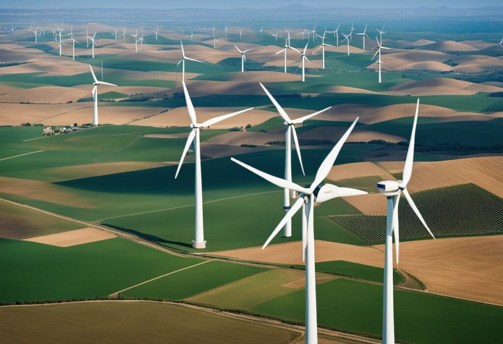 Uma vasta paisagem com turbinas eólicas e painéis solares se estendendo pelo horizonte, sob um céu azul-claro. Potencial revolucionário da energia solar e eólica