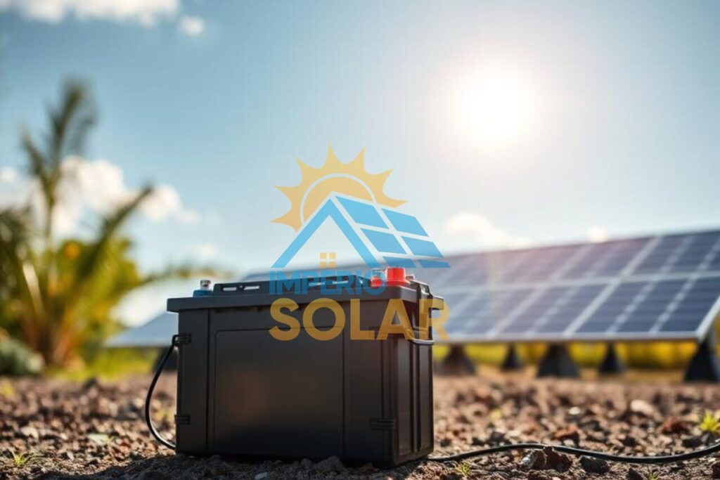 uma bateria conectada a paineis solares em um ambiente com sol