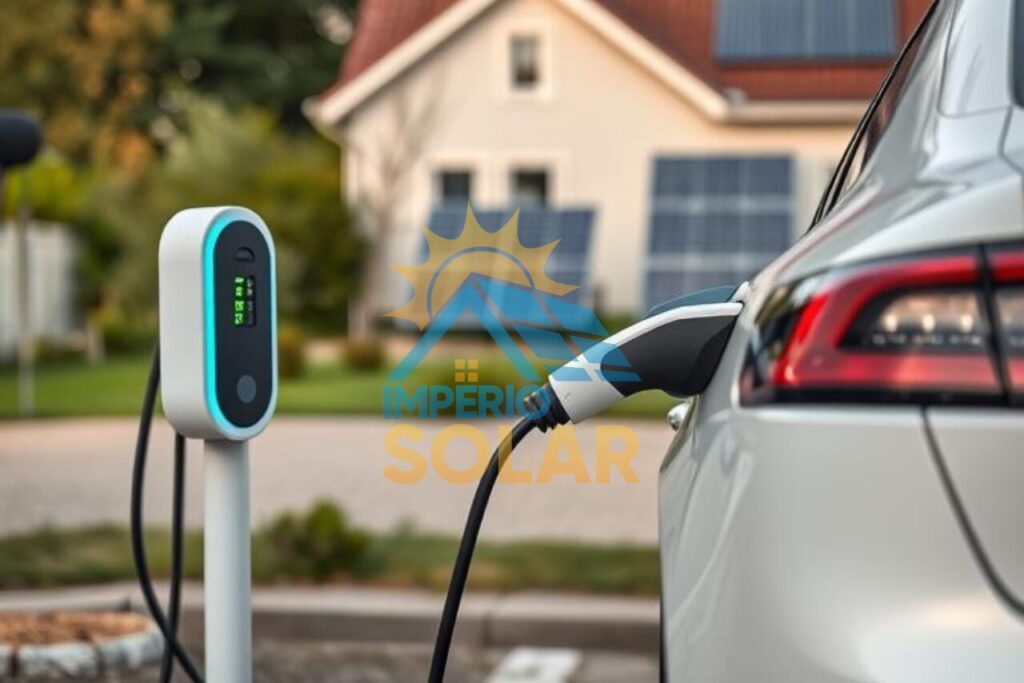 Um carro estacionado em uma entrada de garagem, conectado a uma estação de carregamento, com painéis solares no telhado da casa próxima gerando eletricidade.