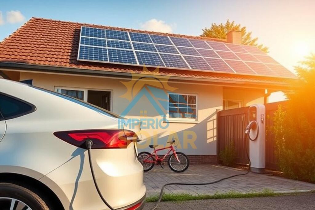 Veiculo elétrico carregando na tomada na residencia com placas solares fotovoltaicas