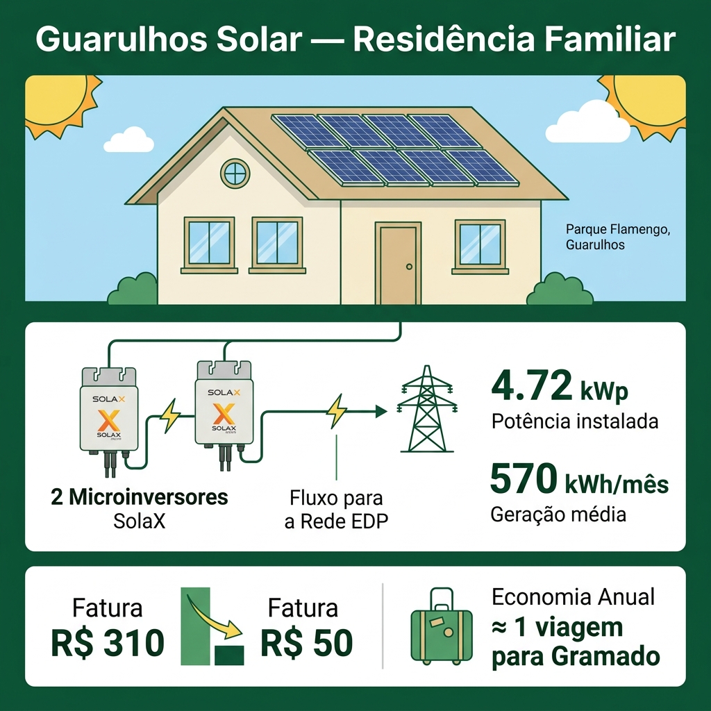 Infográfico mostrando o balanço energético mensal do sistema de 4,72 kWp em Guarulhos SP - 570 kWh gerados vs 400 kWh consumidos