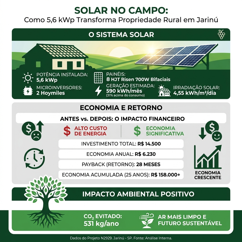 Infografico: Os números deste projeto são dos mais expressivos que já documentamos em termos de custo-benefício. Com investimento enxuto e geração acima do consumo, a matemática é generosa