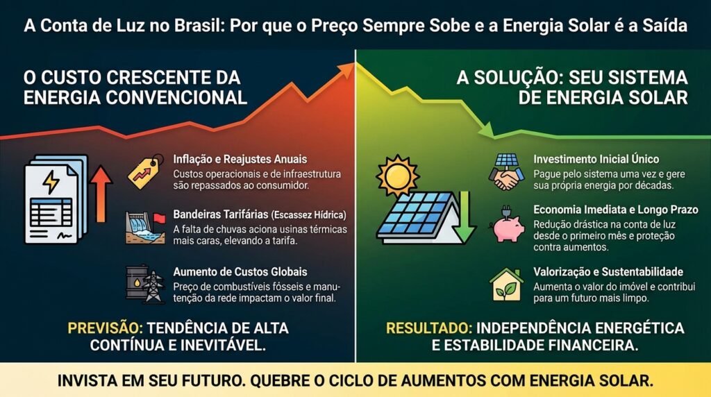 Infográfico explicativo sobre a inflação da conta de luz e energia solar