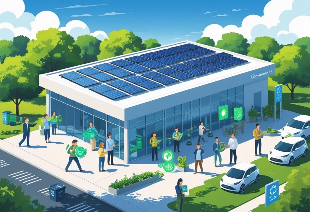 Edifício comercial moderno com painéis solares no telhado, pessoas diversas interagindo em um ambiente com árvores e veículos elétricos, simbolizando práticas ambientalmente responsáveis.