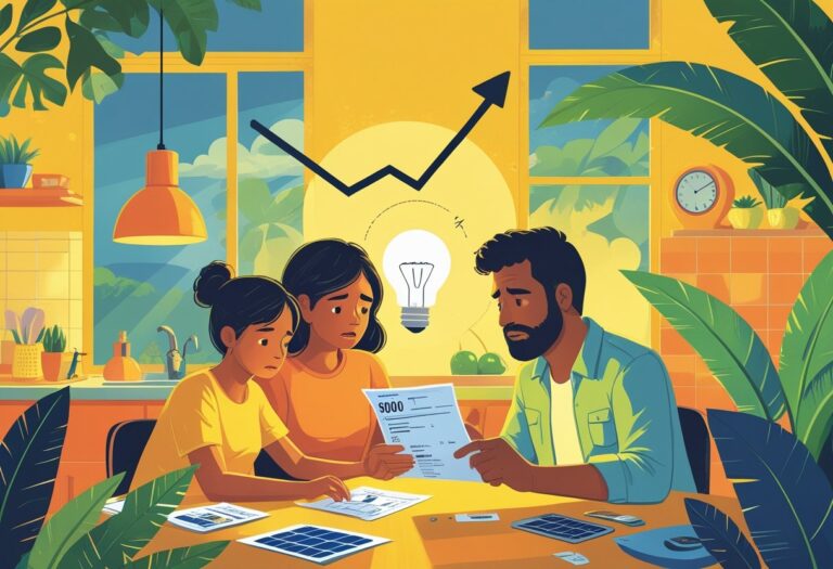 Família brasileira preocupada analisando a conta de energia elétrica em uma cozinha, com um gráfico de aumento de preços ao fundo e elementos que sugerem soluções energéticas.