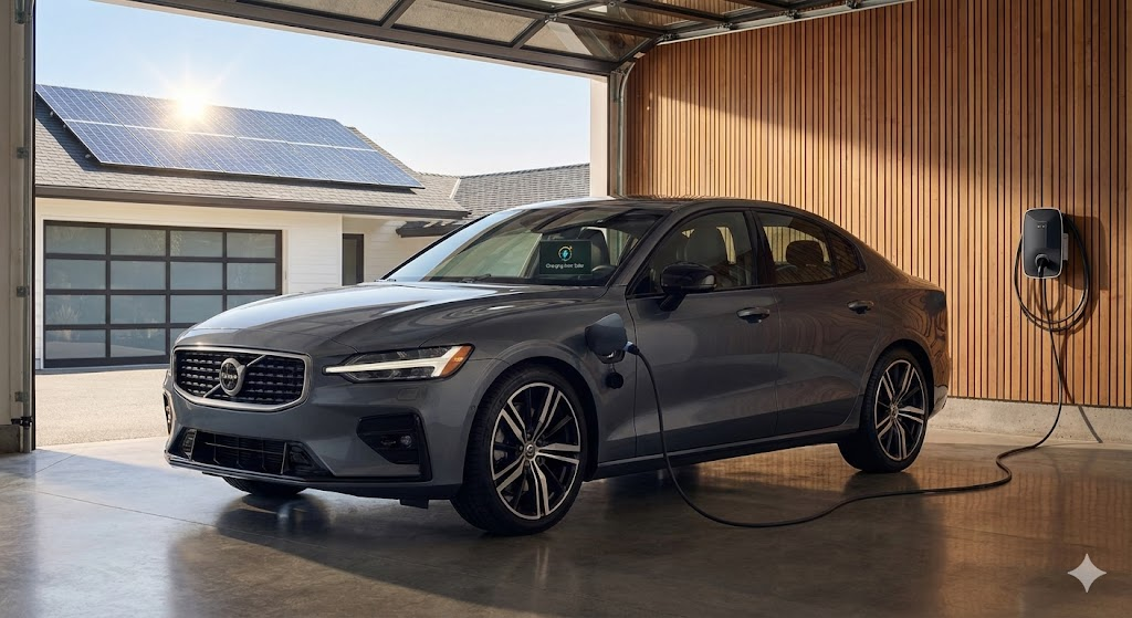 Um carro moderno e elegante está estacionado em uma garagem, conectado a um painel solar. O sol brilha, fornecendo energia para o sistema híbrido plug-in do carro.