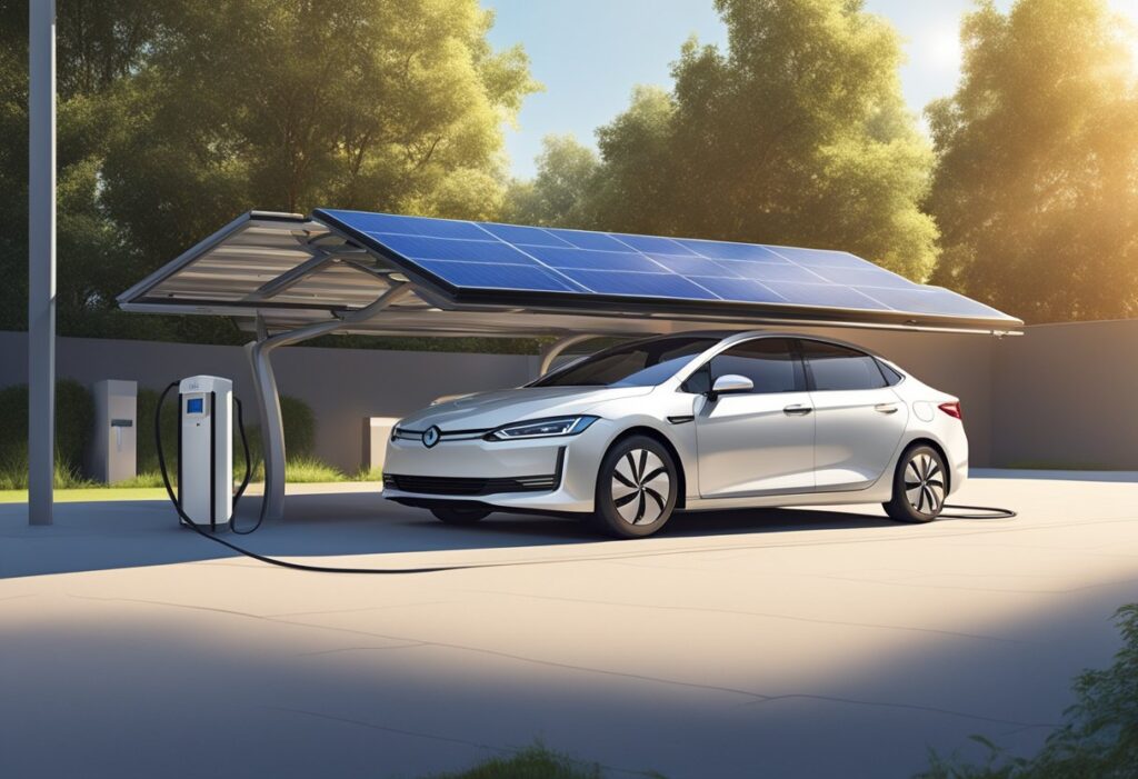 Um carro híbrido plug-in estacionado sob um abrigo de carro com painéis solares, com o sol brilhando e o carro conectado à estação de carregamento.
