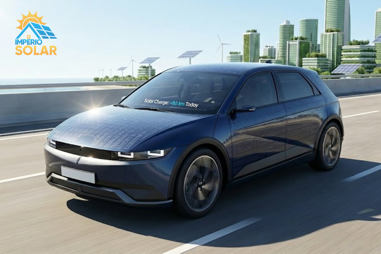 Um carro preto com painéis solares em uma rua.