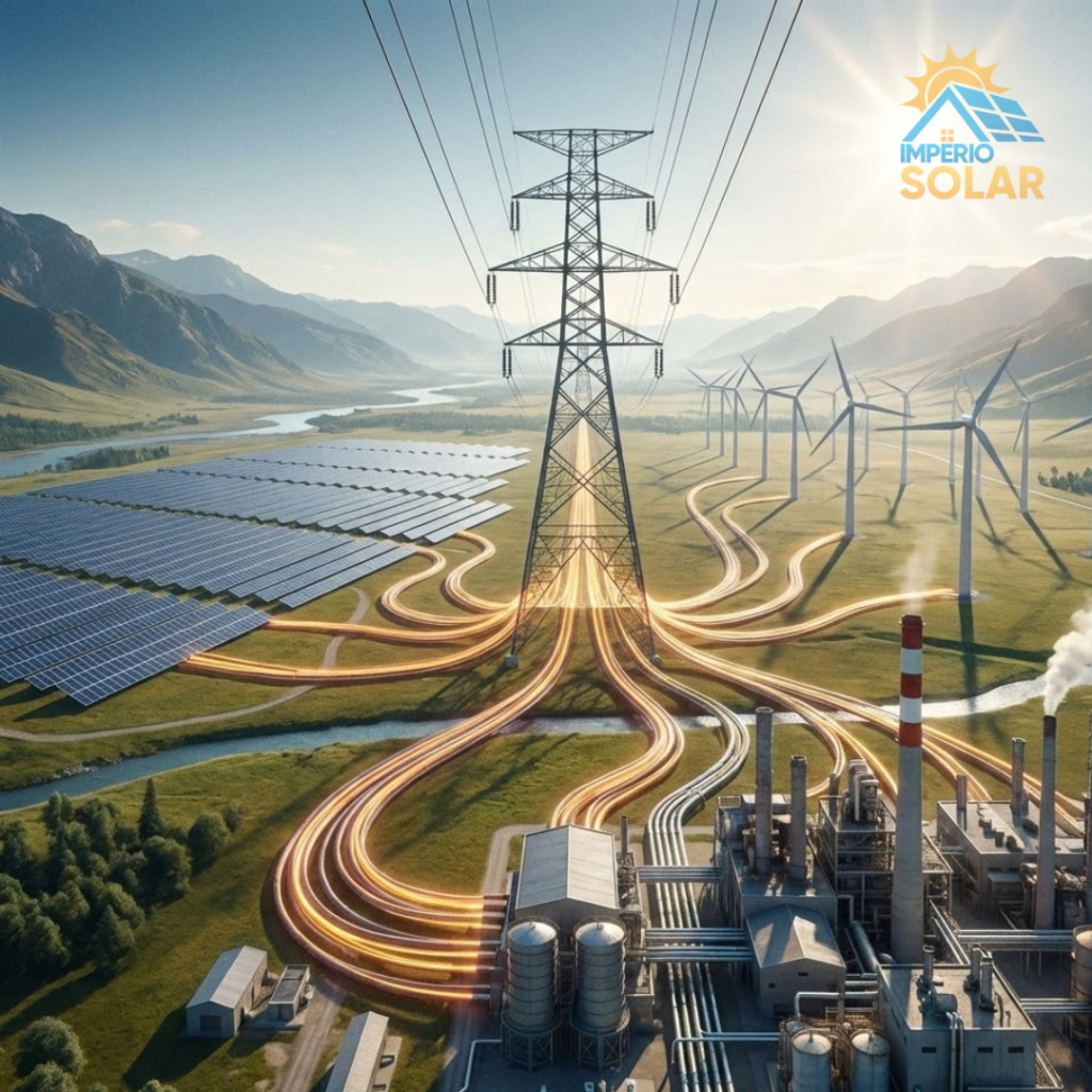 Uma empresa sendo alimentada por fontes de energia renovável.