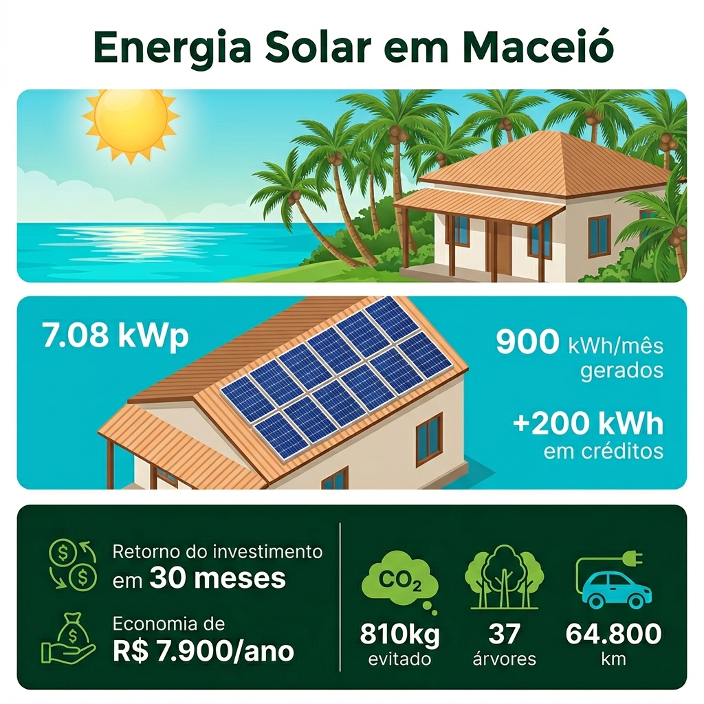 Infográfico: balanço energético mensal e projeção de retorno do investimento para o sistema de 7,08 kWp em Maceió.