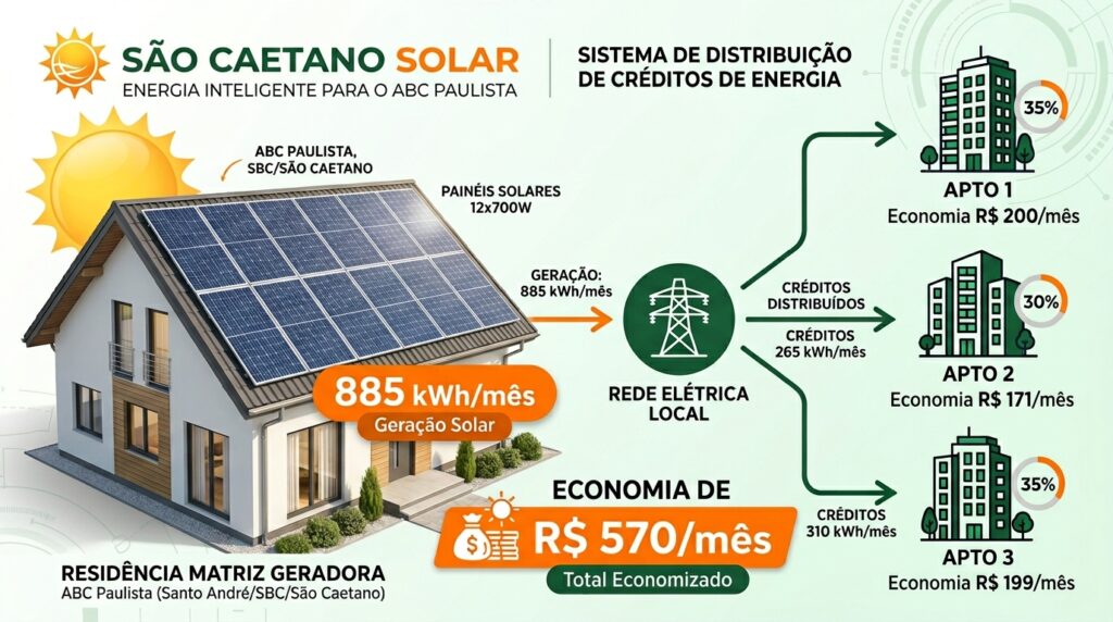 No Brasil, o sistema de compensação de energia elétrica — regulamentado pela ANEEL — permite que uma unidade com sistema fotovoltaico registre outras unidades consumidoras para receber os créditos excedentes. Todas precisam estar vinculadas ao mesmo titular (CPF ou CNPJ) junto à distribuidora, dentro da mesma área de concessão.