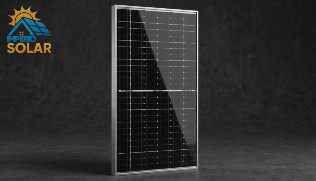 Painel fotovoltaico Ronma 585W bifacial usado no projeto de energia solar.