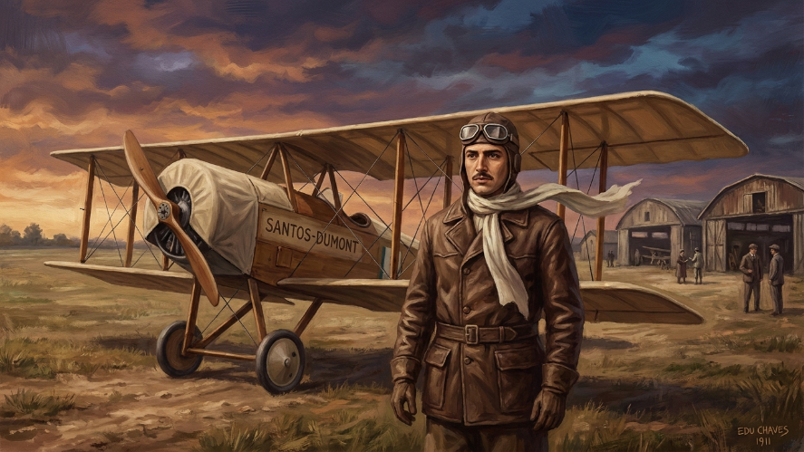 Pintura digital de estilo épico e histórico de Eduardo Pacheco Chaves (Edu Chaves) em 1911, vestindo trajes de aviador clássicos (casaco de couro, óculos e cachecol), ao lado de um biplano antigo em um campo de pouso na França. Céu dramático com luz de entardecer. Atmosfera de pioneirismo e aventura.