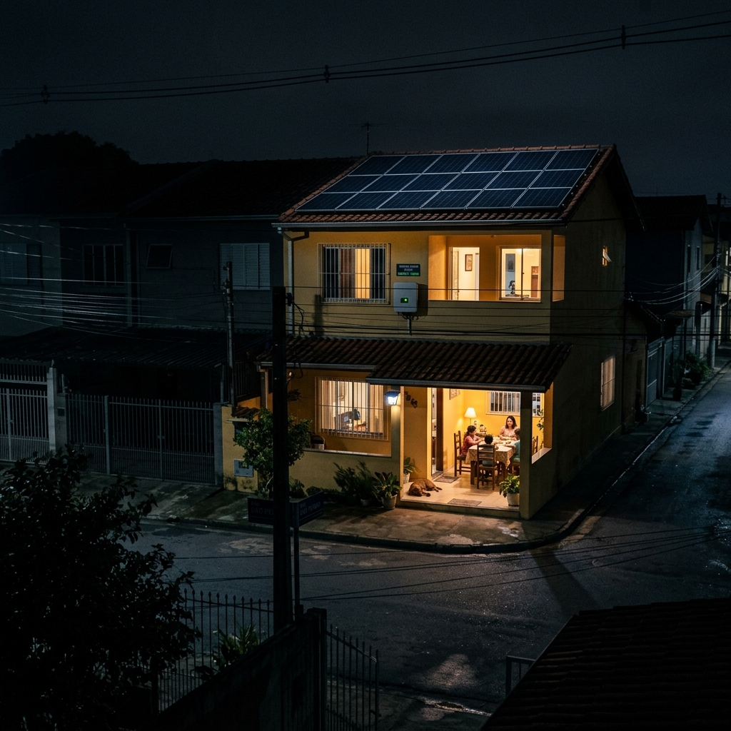 Casa com painéis solares com as luzes acesas durante um apagão enquanto as casas vizinhas estão no escuro