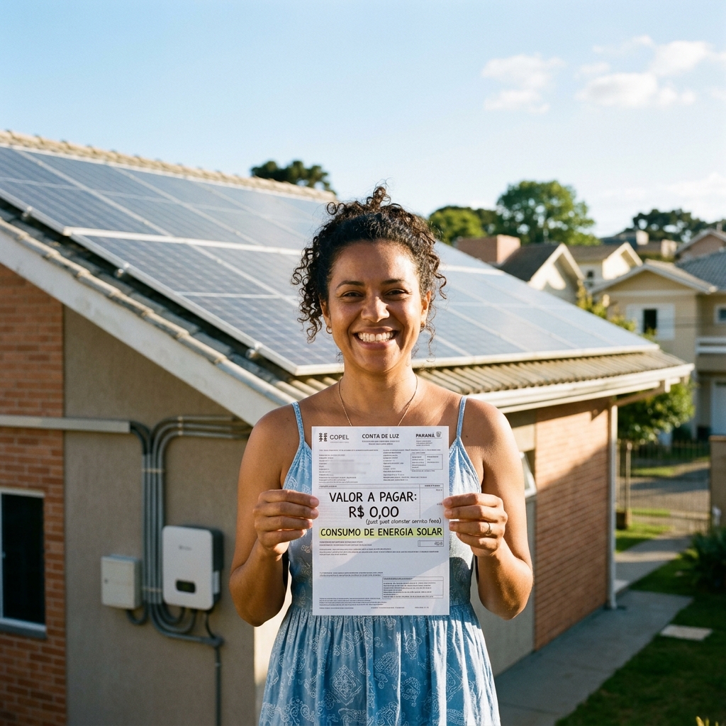 Mulher brasileira sorrindo segurando uma conta de luz quase zerada com painéis solares no telhado ao fundo