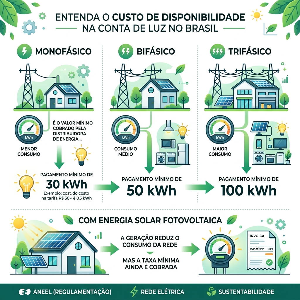 Infográfico explicando o custo de disponibilidade monofásico bifásico e trifásico da conta de luz no Brasil