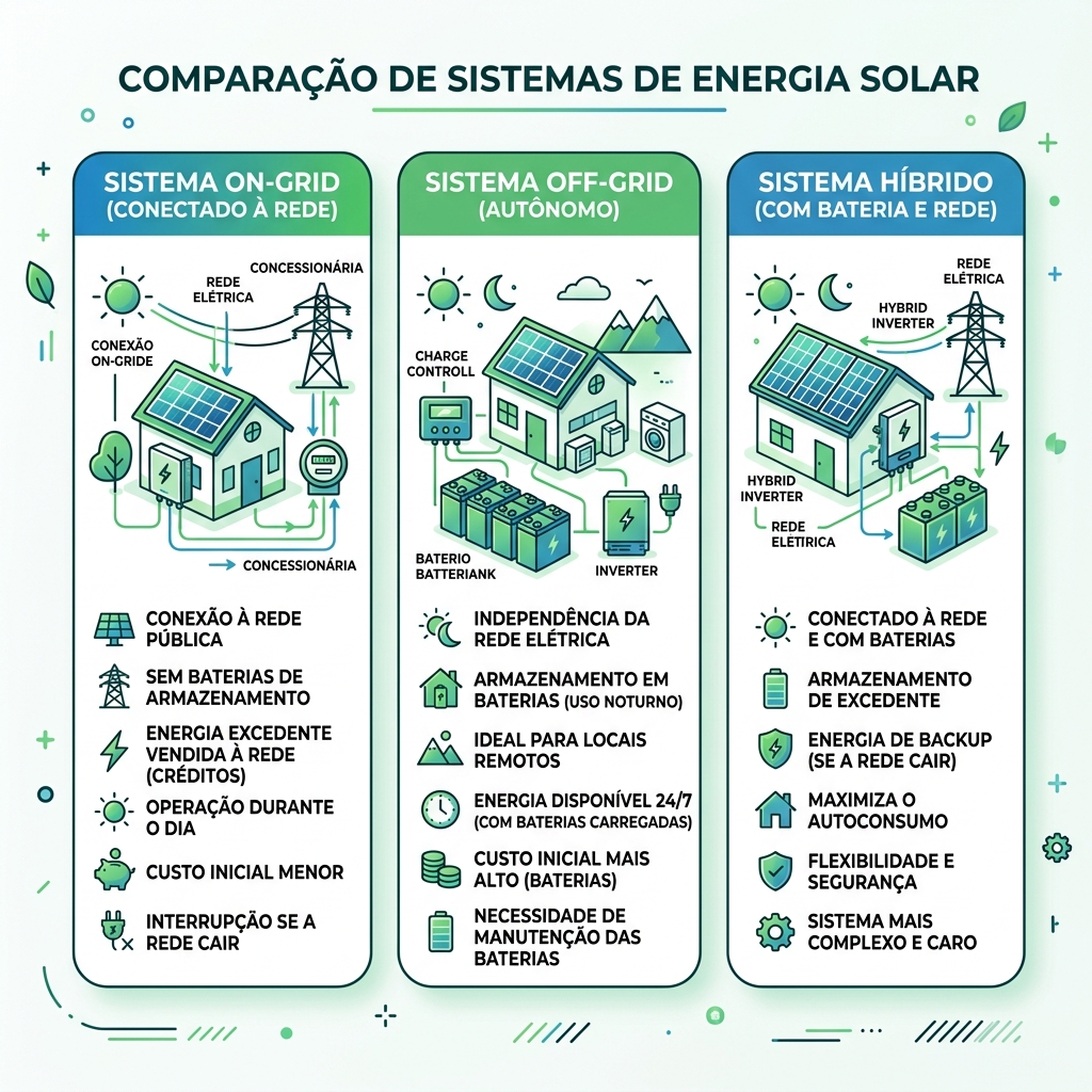 Infográfico comparando sistemas solares on-grid, off-grid e híbrido com baterias
