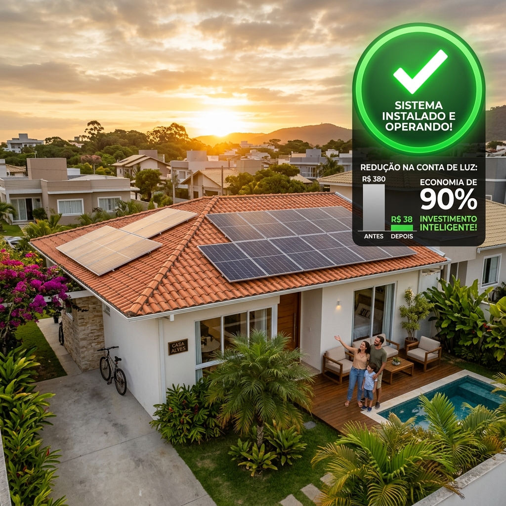 Painéis solares no telhado de casa brasileira representando economia e investimento inteligente