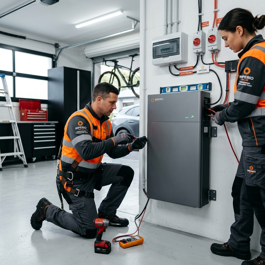 Equipe da Imperio Solar instalando banco de baterias premium