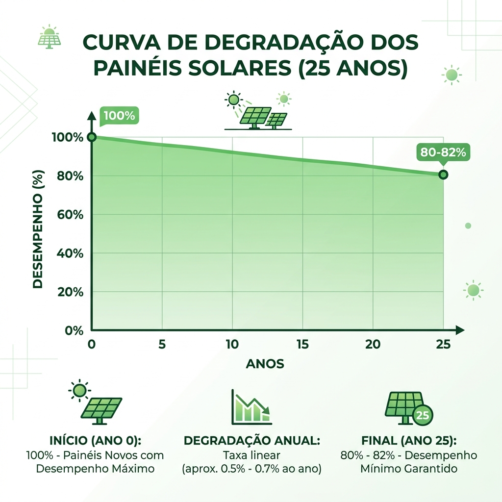 Gráfico mostrando a curva de degradação de painéis solares ao longo de 25 anos, de 100% para 80-82% de eficiência