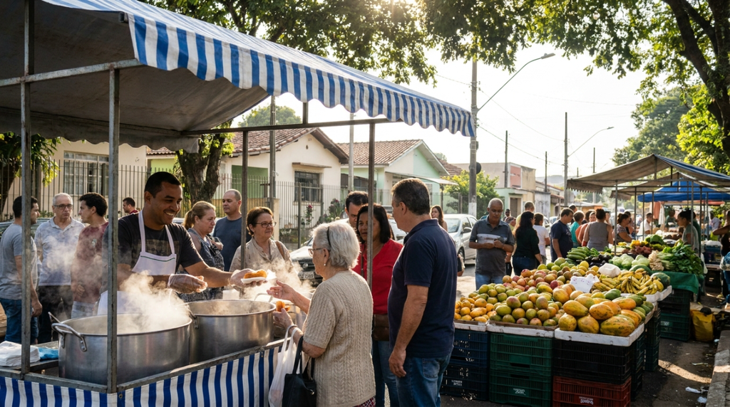 Cena vibrante de uma feira de rua tradicional na Vila Mazzei, Zona Norte de São Paulo. Barracas coloridas com toldos listrados, pilhas de frutas tropicais frescas e legumes. Em primeiro plano, uma barraca de pastel com vapor subindo, pessoas conversando e um feirante sorridente atendendo um cliente idoso. Ao fundo, casas simples e arborizadas do bairro. Luz da manhã filtrada pelas árvores, atmosfera rústica, humana e autêntica. Fotografia estilo documental, 16:9.