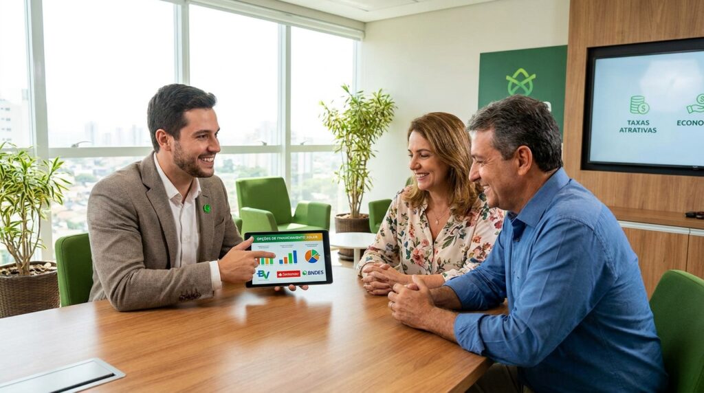 Consultor da Imperio Solar Renováveis apresentando opções de financiamento solar para cliente em reunião de proposta
