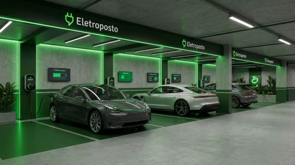 Eletroposto instalado em garagem de condomínio residencial moderno com carros elétricos em recarga.