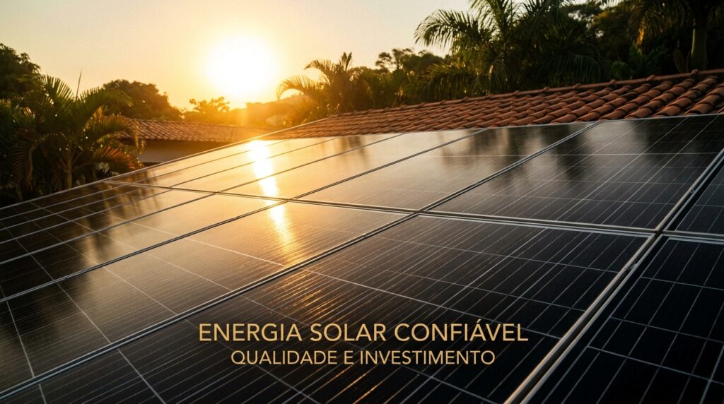 Sistema de painéis solares instalado em residência brasileira com sol ao fundo representando geração contínua de energia
