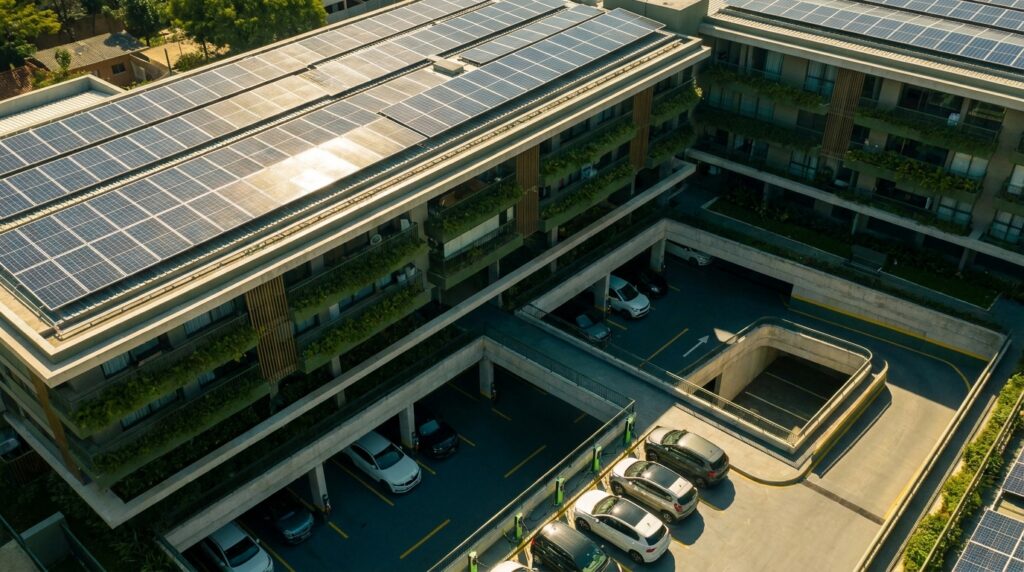 Painéis solares instalados na cobertura de condomínio alimentando eletropostos na garagem.
