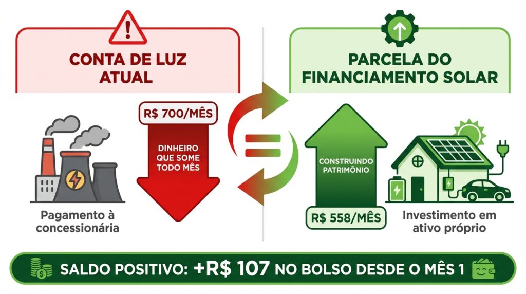 Infográfico comparando o valor mensal da conta de luz versus a parcela do financiamento solar mostrando fluxo de caixa positivo