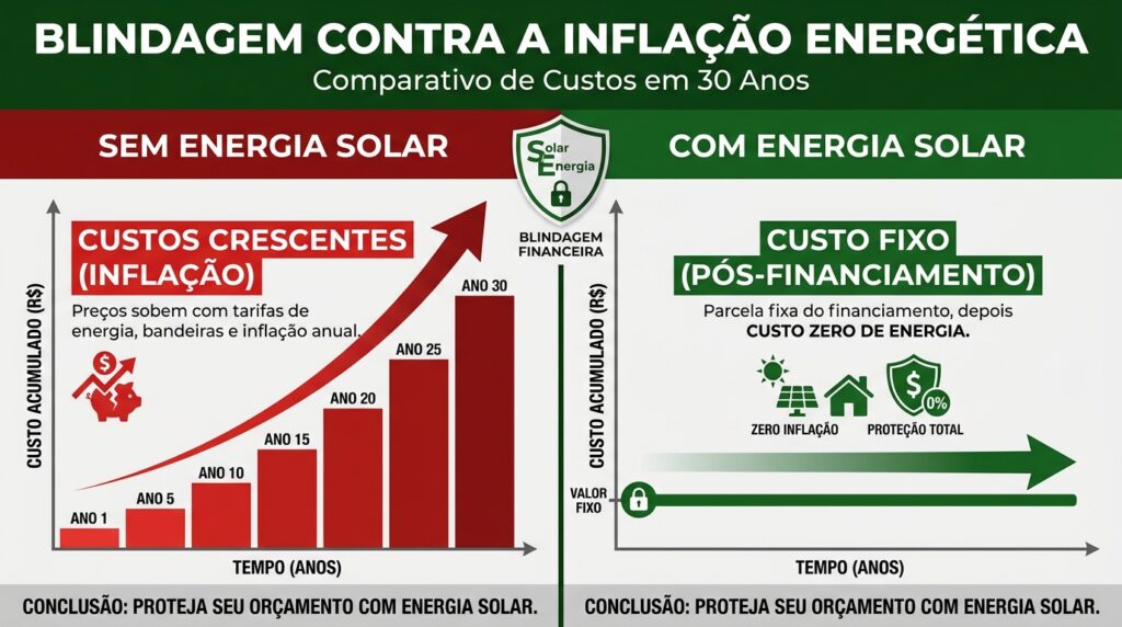 Infográfico quadrado mostrando a diferença brutal entre pagar uma conta que sobe todo ano versus um custo fixo de painéis solares em 30 anos.
