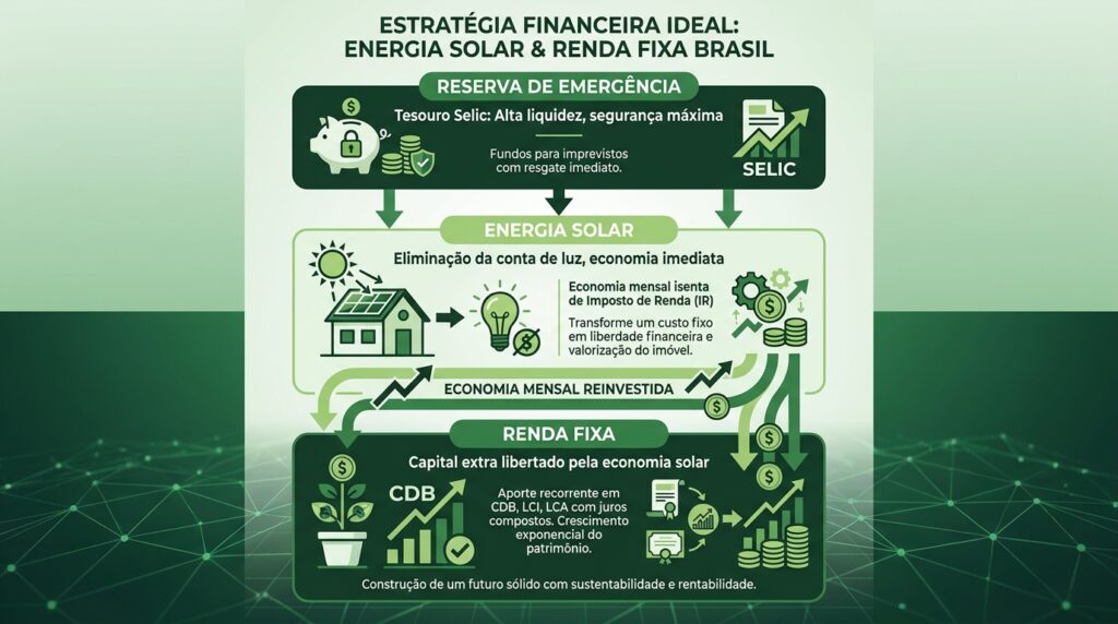 Infográfico mostrando a estratégia ideal combinando energia solar com renda fixa para proteção financeira total