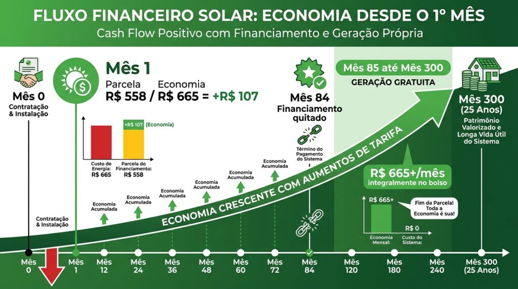 Infográfico mostrando o fluxo de caixa positivo desde o primeiro mês com o financiamento de energia solar pela Imperio Solar Renováveis