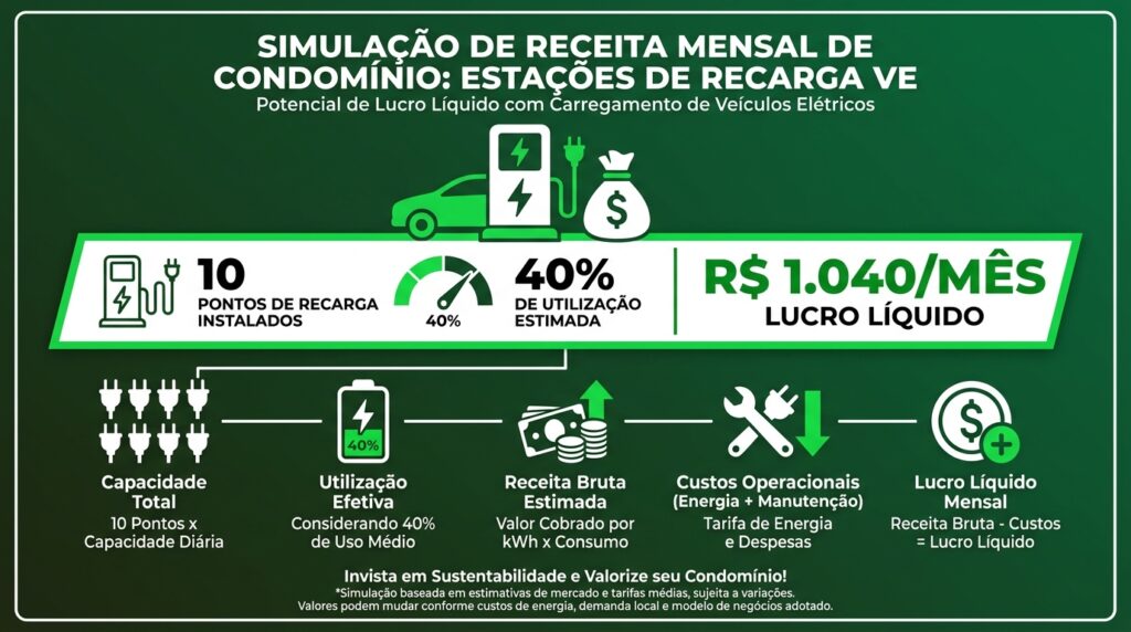 Infográfico com simulação de receita mensal de eletroposto em condomínio de médio porte com e sem energia solar.
