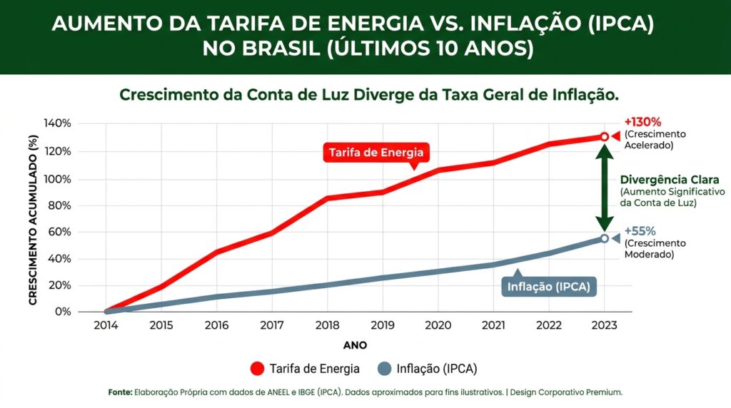 Gráfico comparativo mostrando a alta da tarifa de energia elétrica versus o IPCA nos últimos 10 anos no Brasil
