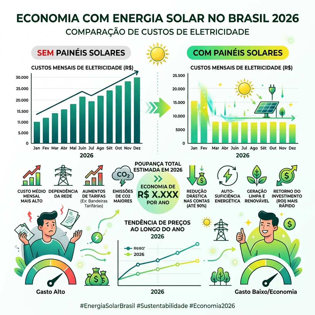 Infográfico comparativo de economia de energia solar em 2026 com e sem sistema fotovoltaico