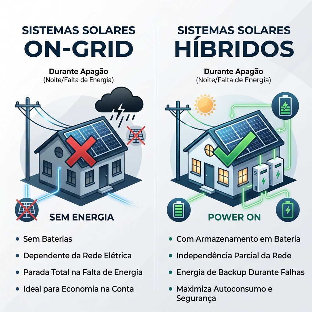 Infográfico comparativo entre sistema on-grid e sistema híbrido solar