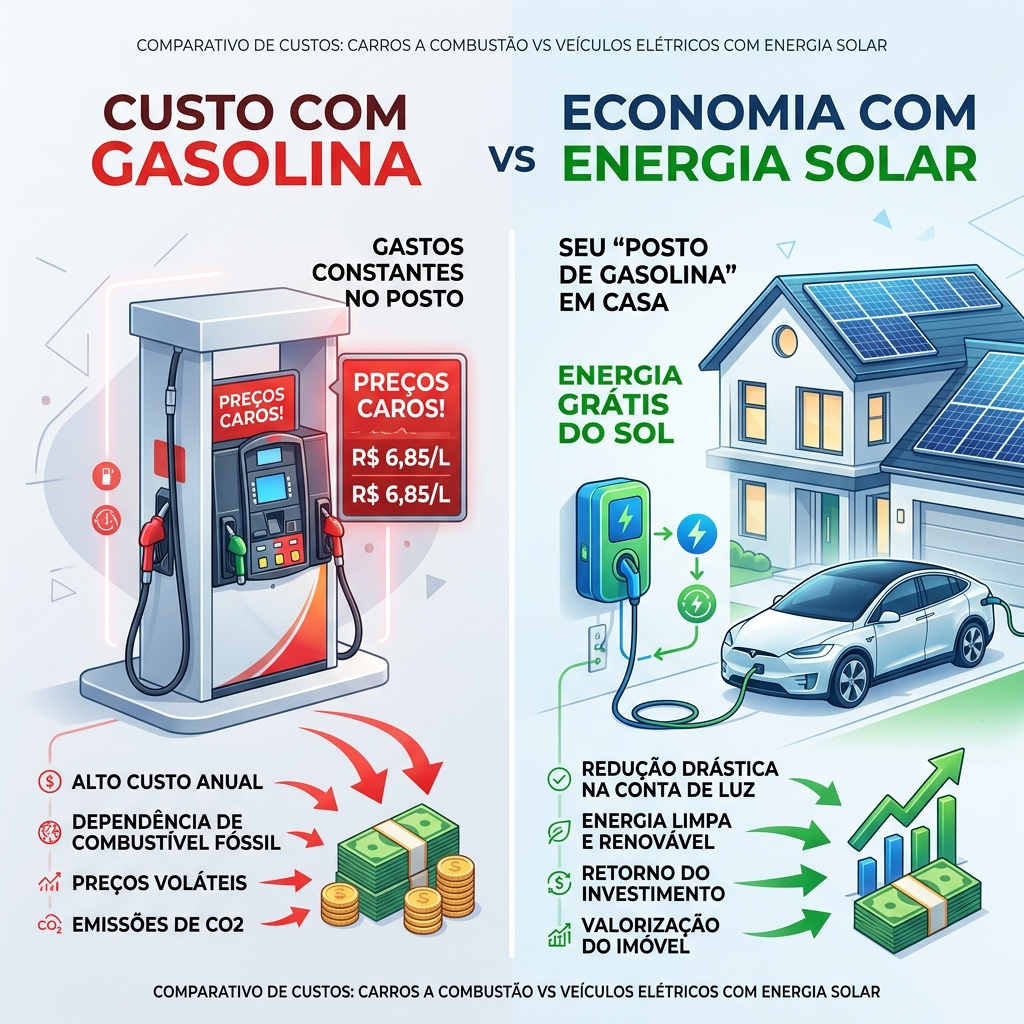 Infográfico comparativo de custos: Gasolina vs Rede vs Solar